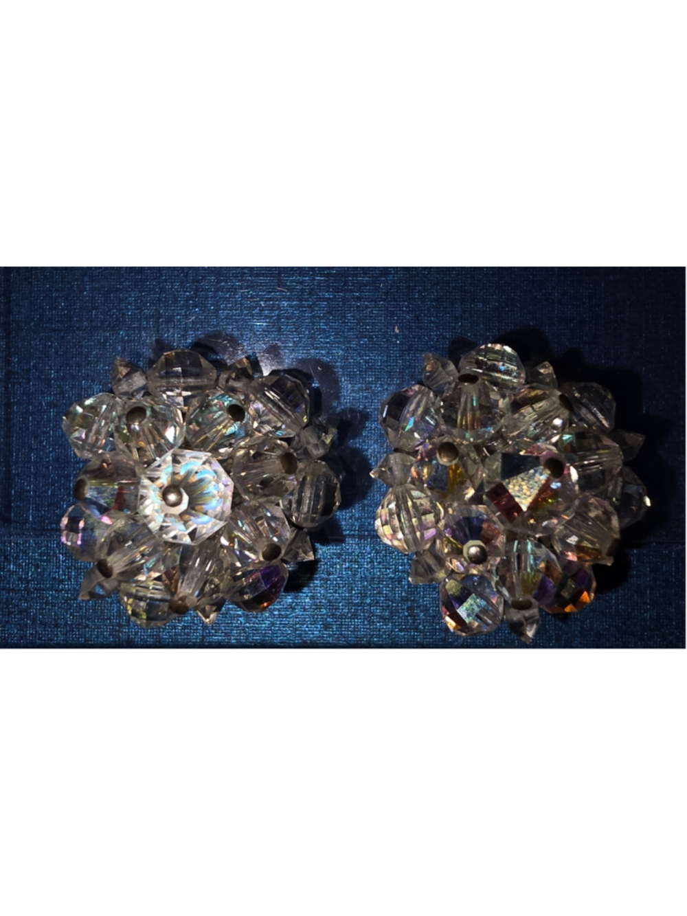 Vintage Aurora Borealis AB Beaded Cluster Clip On Earrings Silver Tone